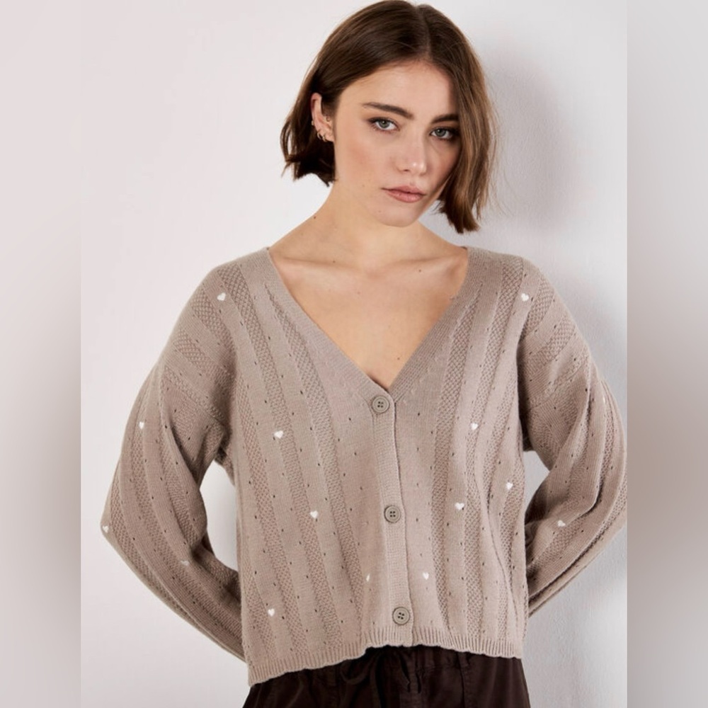 APRICOT Taupe Button-Front V-Neck Knit Cardigan